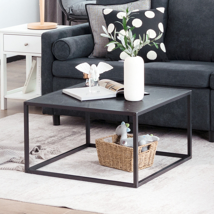 Modern Glass Square Coffee Table with Metal Frame for Living Room-BlackCostway Gallery View 2 of 11