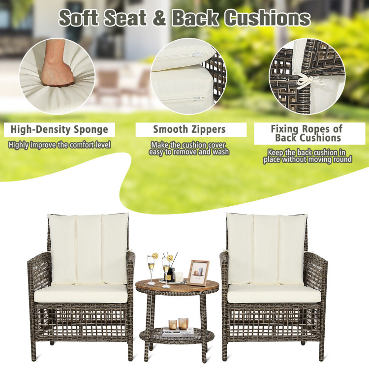 3 Pieces Patio Rattan Furniture Set with Cushioned Sofas and Wood Table Top-WhiteCostway Gallery View 3 of 10