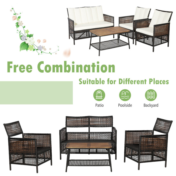 4 Pieces Patio Rattan Furniture Set with 2-Tier Coffee Table-WhiteCostway Gallery View 3 of 10