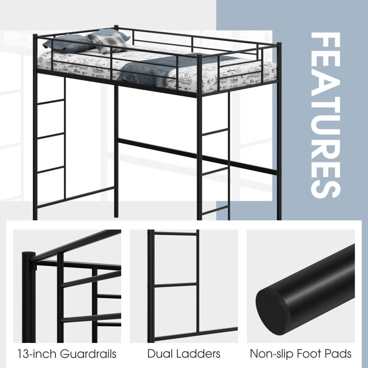Twin Size Space-saving Metal Loft Bed with Full-Length Guardrail and 2 Ladders-BlackCostway Gallery View 5 of 10