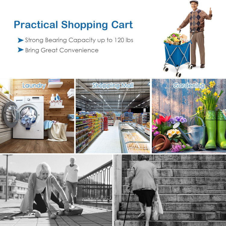 Folding Shopping Utility Cart with Water-Resistant Removable Canvas Bag-BlueCostway Gallery View 5 of 9