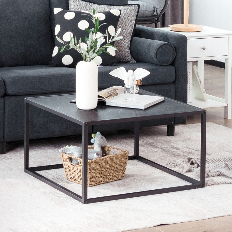Modern Glass Square Coffee Table with Metal Frame for Living Room-BlackCostway Gallery View 6 of 11