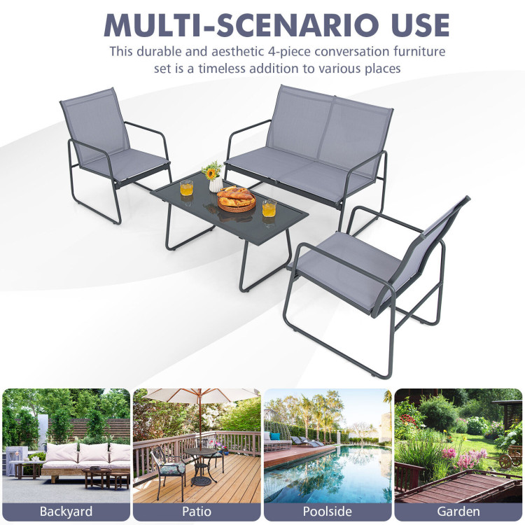 4 Pieces of Metal Patio Furniture Chat Set with Tempered Glass Coffee TableCostway Gallery View 2 of 10