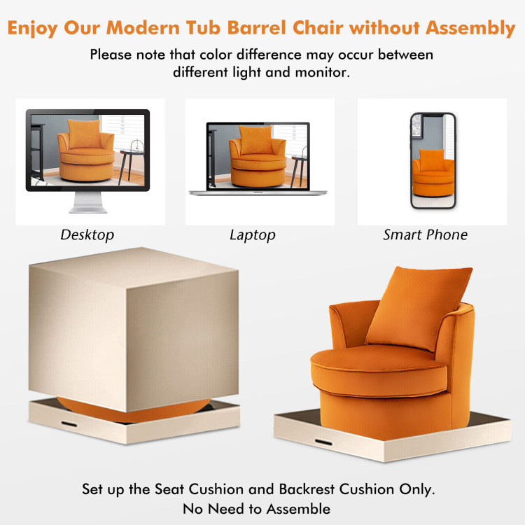 Modern 360° Swivel Barrel Chair with No Assembly Needed-OrangeCostway Gallery View 7 of 8