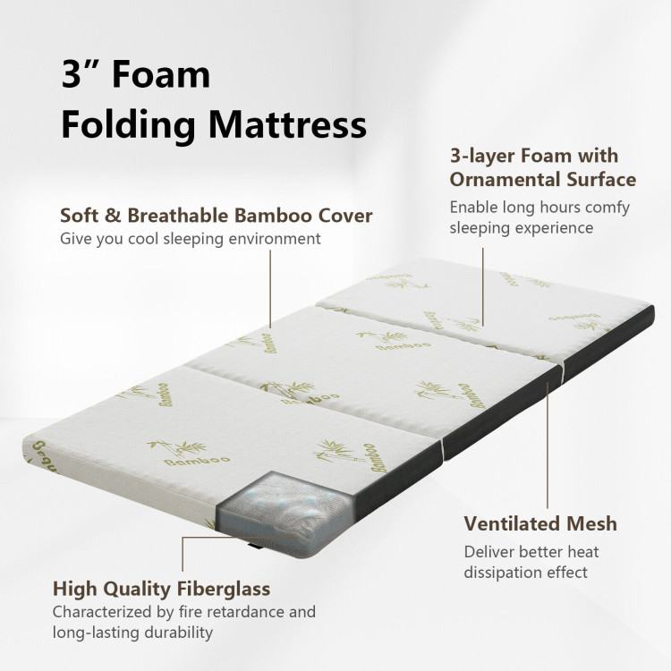 Queen 3 Inch Tri-fold Memory Foam Floor Mattress Topper Portable with Carrying Bag-SCostway Gallery View 6 of 11