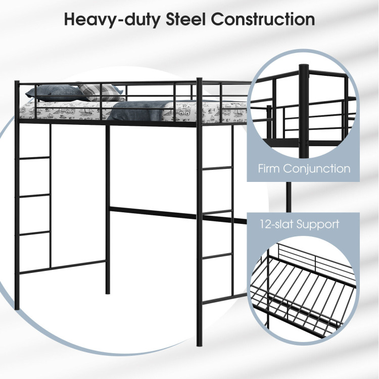 Twin Size Space-saving Metal Loft Bed with Full-Length Guardrail and 2 Ladders-BlackCostway Gallery View 10 of 10