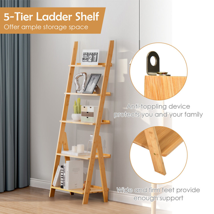 5-Tier Bamboo Ladder Shelf for Home Use-NaturalCostway Gallery View 9 of 10