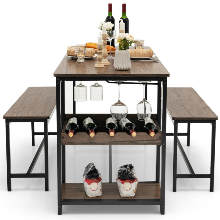 3 Pieces Dining Table Set for 4 with Wine Rack-BrownCostway Gallery View 7 of 9