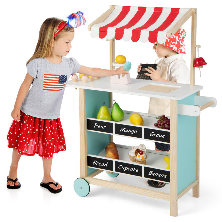 Kids Wooden Ice Cream Cart with Chalkboard and StorageCostway Gallery View 7 of 11