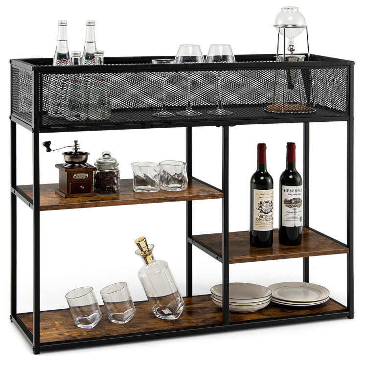 4-Tier Industrial Console Table with Wire Basket and shelf-Rustic BrownCostway Gallery View 8 of 10