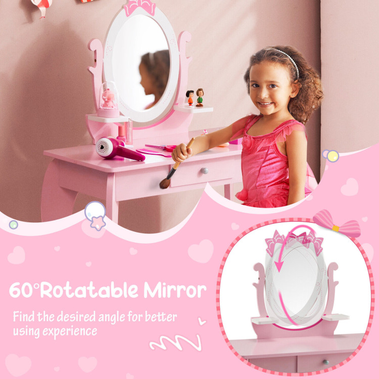 Kid Vanity Table Stool Set with Oval Rotatable Mirror-PinkCostway Gallery View 9 of 11