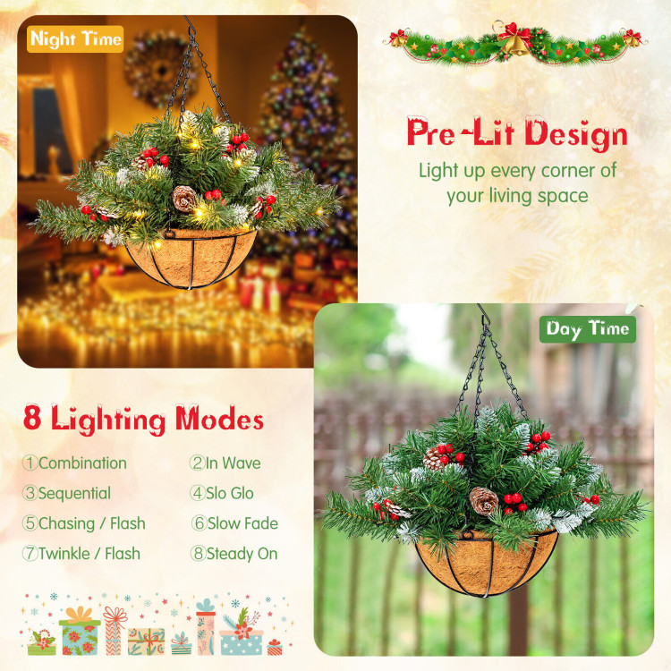 Pre-Lit Artificial Christmas Hanging Basket with Pine ConesCostway Gallery View 6 of 11