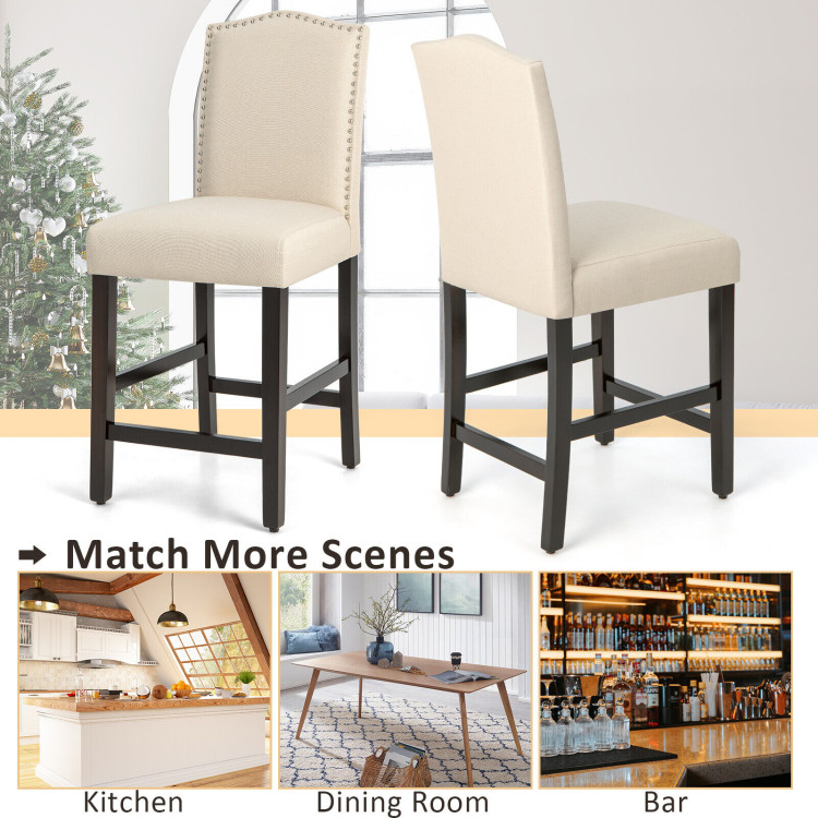 2 Pcs Fabric Nail Head Counter Height Dining Side Chairs Set-BeigeCostway Gallery View 5 of 9