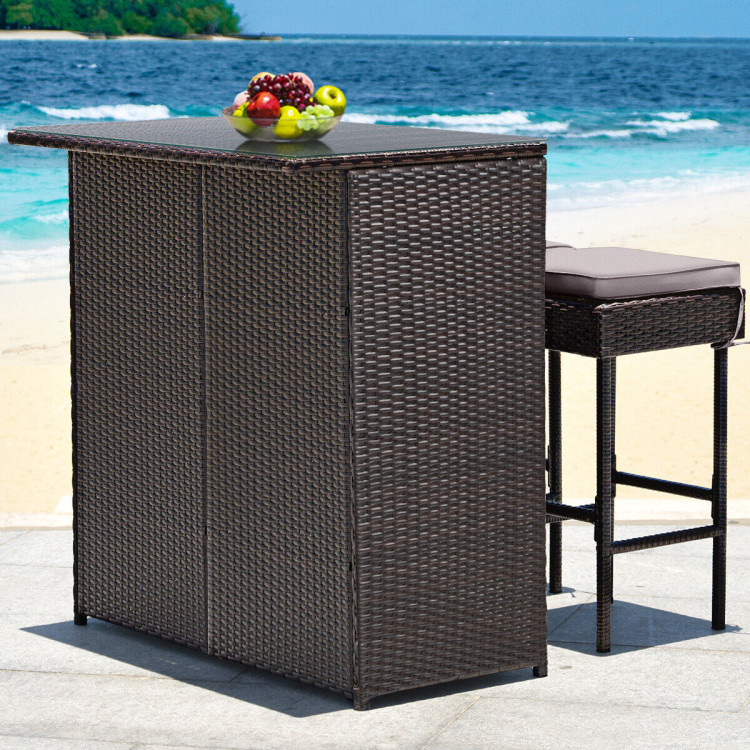 3 Pieces Patio Rattan Wicker Bar Table Stools Dining Set-Gray & Off WhiteCostway Gallery View 8 of 12