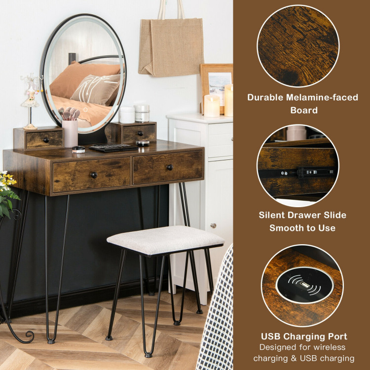 Vanity Table Set with 3-Color Lighted Dimmable Mirror-BrownCostway Gallery View 9 of 10