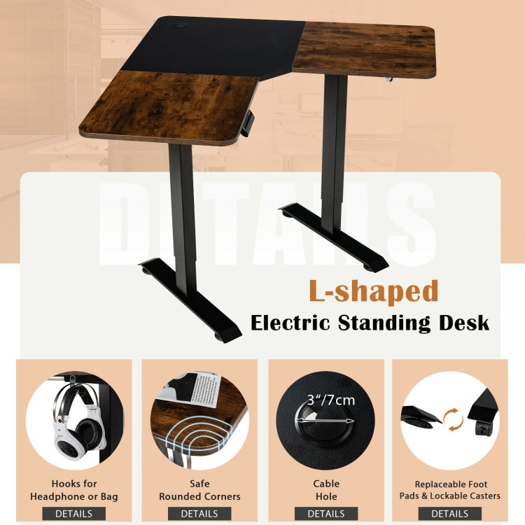 L-shaped Electric Standing Desk with 4 Memory Positions and LCD Display-Rustic BrownCostway Gallery View 11 of 11