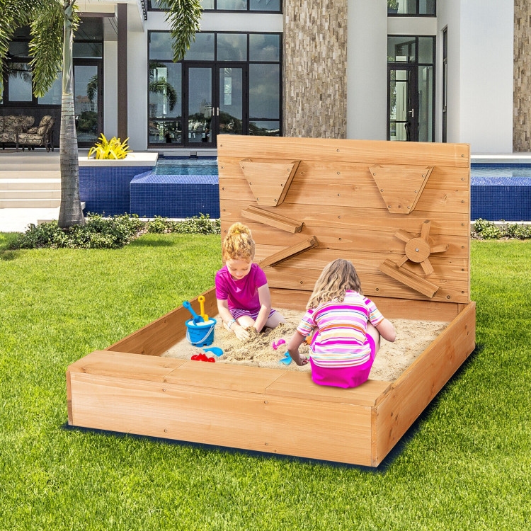 Kids Wooden Square Sandbox with CoverCostway Gallery View 5 of 11