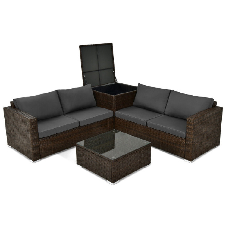 4 Pieces Patio Rattan Cushioned Furniture Set with Armrest and Storage Box-BrownCostway Gallery View 1 of 11