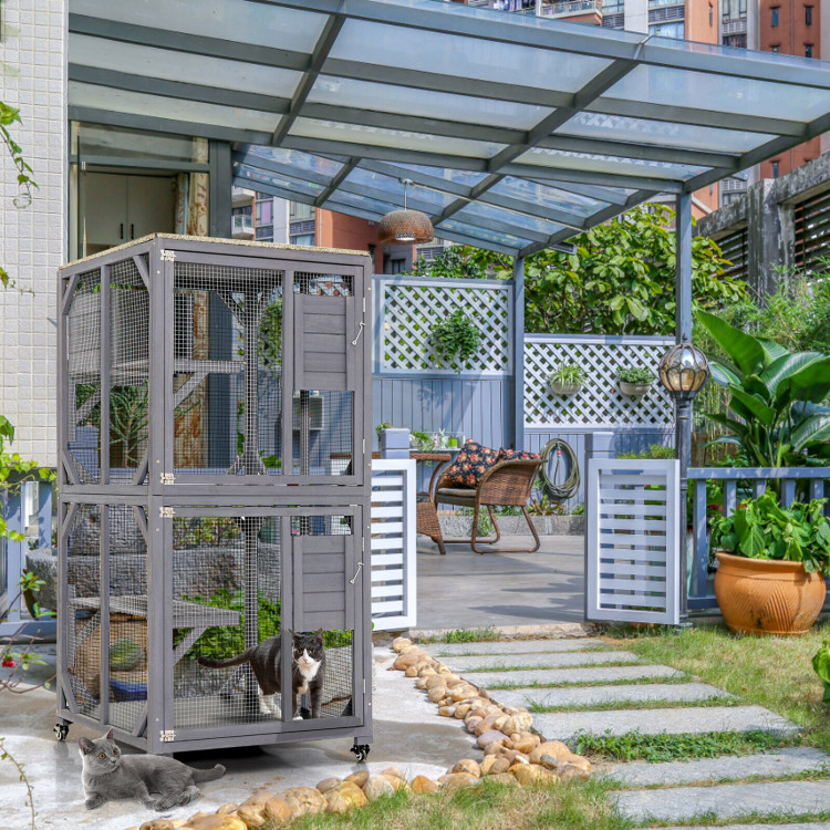 Outdoor Cat House Enclosures on Wheels Kitten Cages with Resting Box-GrayCostway Gallery View 6 of 10