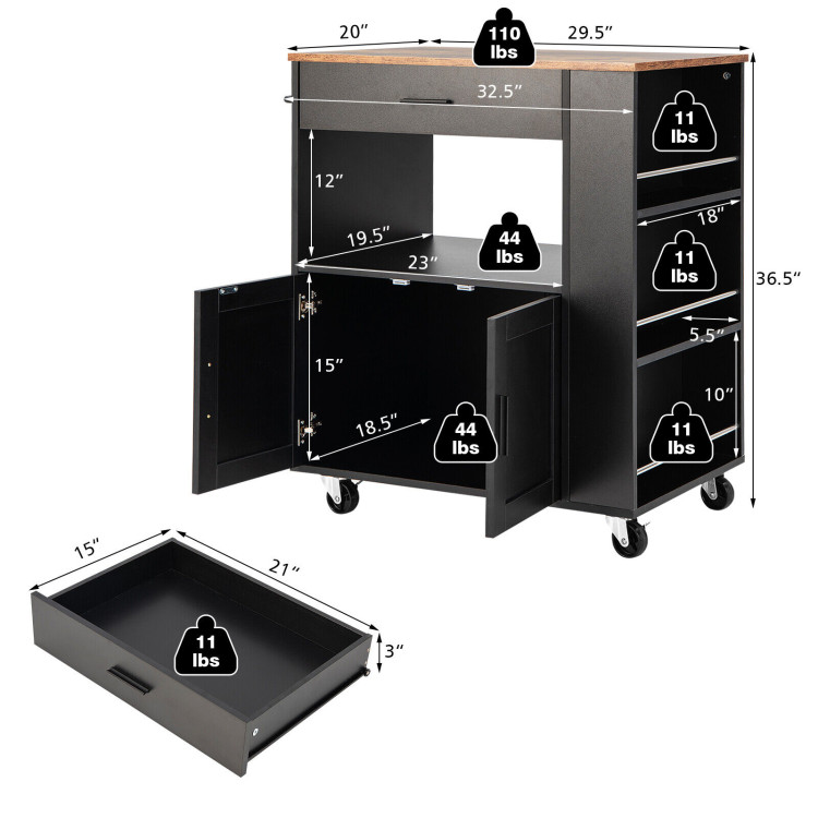 Rolling Kitchen Trolley with 3 Spice Racks Drawer and Open Shelf-BlackCostway Gallery View 4 of 9