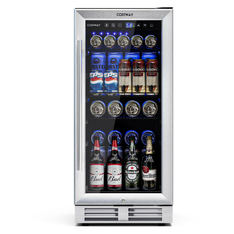 15 Inch 100 Can Built-in Freestanding Beverage Cooler Refrigerator with Adjustable Temperature and Shelf-SilverCostway Gallery View 7 of 10