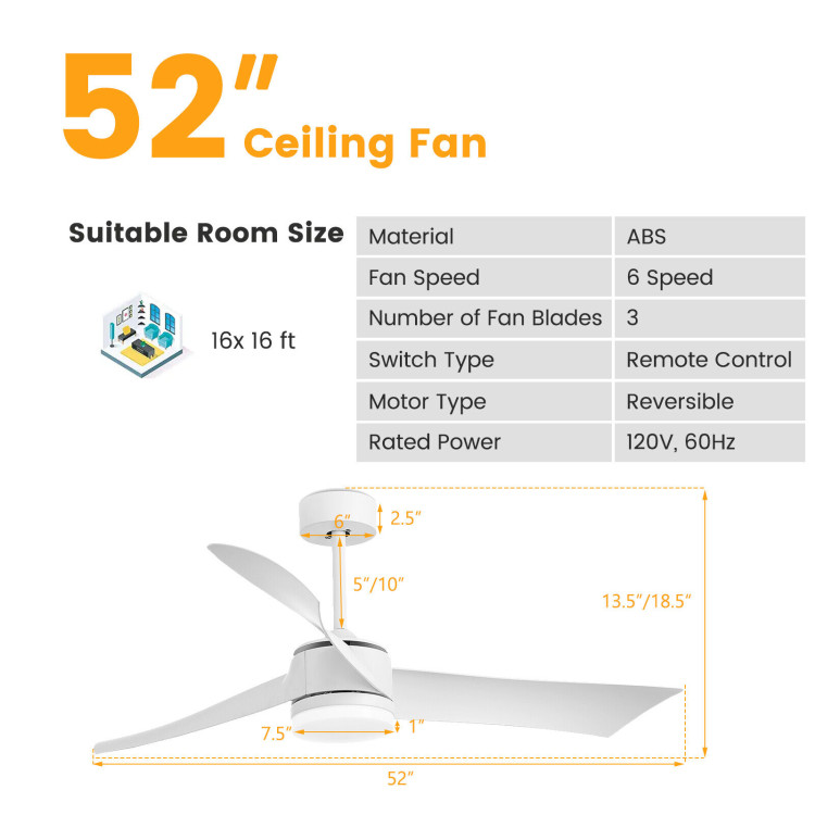 52 Inch Reversible Ceiling Fan with Light-WhiteCostway Gallery View 4 of 11