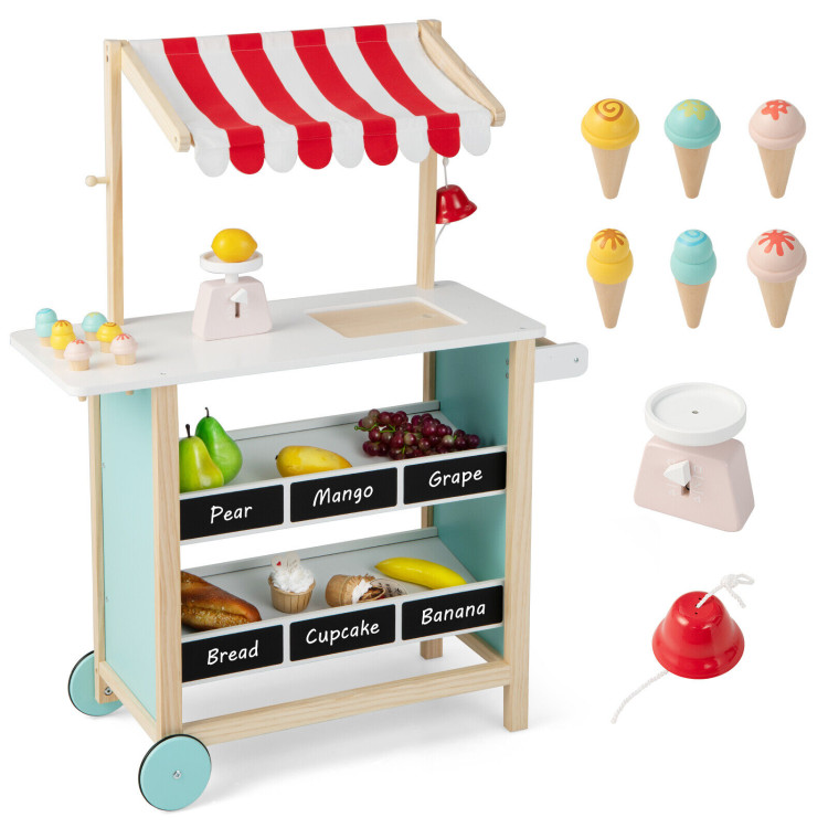 Kids Wooden Ice Cream Cart with Chalkboard and StorageCostway Gallery View 3 of 11