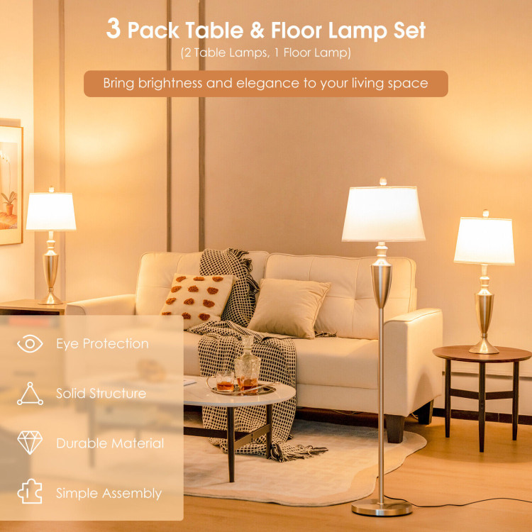 3 Piece Lamp with Set Modern Floor Lamp and 2 Table Lamps-SilverCostway Gallery View 3 of 10
