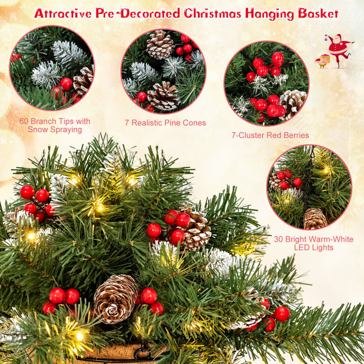 Pre-Lit Artificial Christmas Hanging Basket with Pine ConesCostway Gallery View 9 of 11