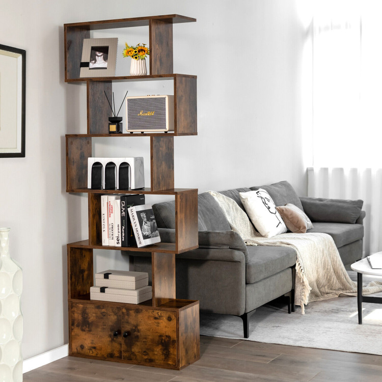 6-Tier S-Shaped Freestanding Bookshelf with Cabinet and Doors-CoffeeCostway Gallery View 7 of 10