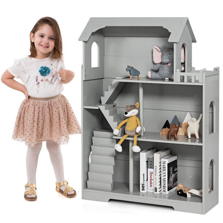 Kids Wooden Dollhouse Bookshelf with Anti-Tip Design and Storage Space-GrayCostway Gallery View 6 of 9