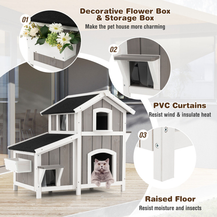 Outdoor 2-Story Wooden Feral Cat House with Escape Door-GrayCostway Gallery View 5 of 10