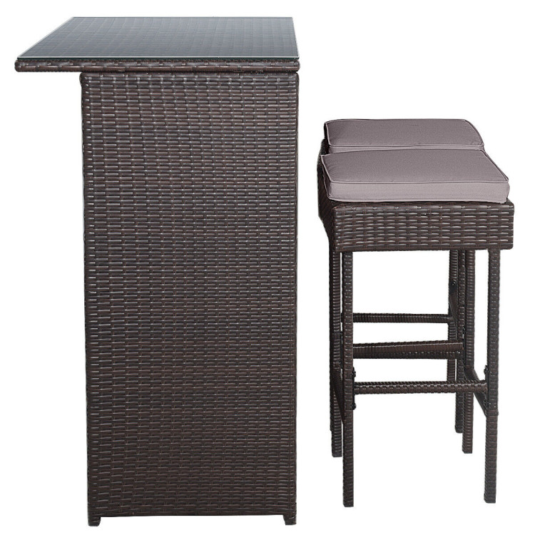 3 Pieces Patio Rattan Wicker Bar Table Stools Dining Set-Gray & Off WhiteCostway Gallery View 11 of 12