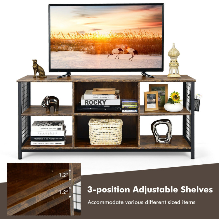 Mid-Century Wooden TV Stand with Storage Basket for TVs up to 65 Inch-Rustic BrownCostway Gallery View 9 of 10