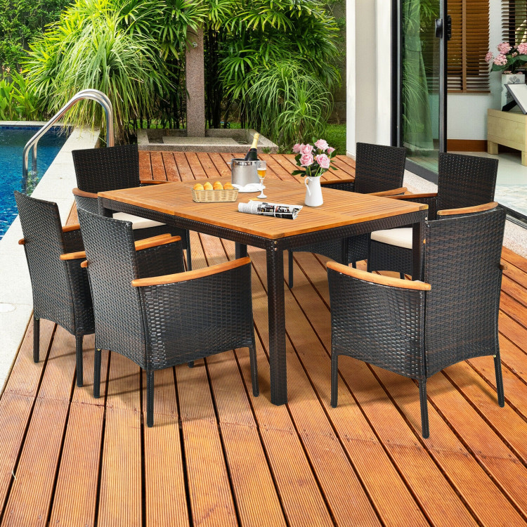 7 Pieces Patio Rattan Dining Set with Armrest Cushioned Chair and Wooden TabletopCostway Gallery View 6 of 12