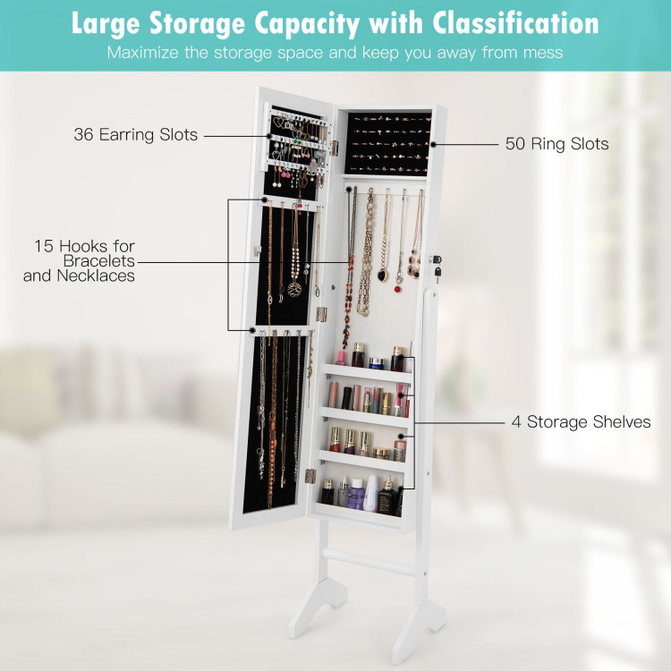 Standing Jewelry Cabinet with Full Length Mirror-WhiteCostway Gallery View 9 of 10