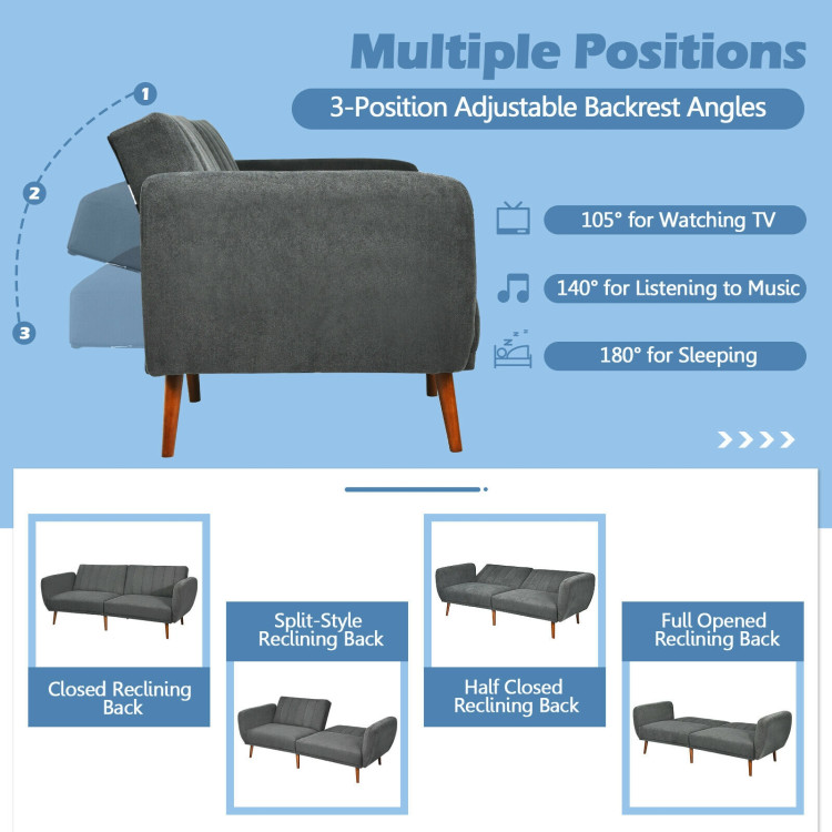 Convertible Futon Sofa Bed Adjustable Couch Sleeper with Wood Legs-GrayCostway Gallery View 10 of 12