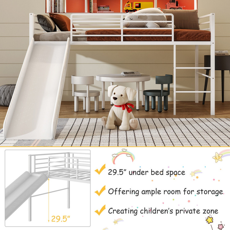 Twin Metal Loft Bed with Slide Safety Guardrails and Built-in Ladder-WhiteCostway Gallery View 5 of 8