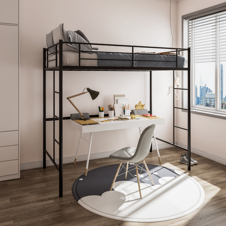 Twin Size Space-saving Metal Loft Bed with Full-Length Guardrail and 2 Ladders-BlackCostway Gallery View 7 of 10