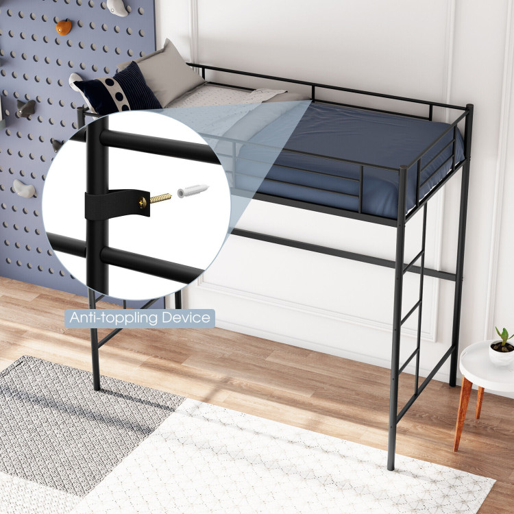 Twin Size Space-saving Metal Loft Bed with Full-Length Guardrail and 2 Ladders-BlackCostway Gallery View 9 of 10