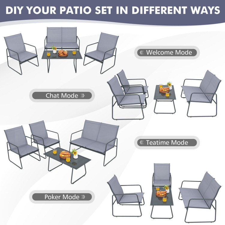 4 Pieces of Metal Patio Furniture Chat Set with Tempered Glass Coffee TableCostway Gallery View 5 of 10