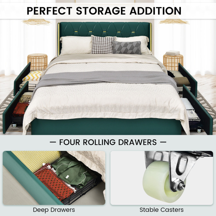 Full/Queen Size Upholstered Bed Frame with 4 Drawers-Green-Full SizeCostway Gallery View 6 of 11