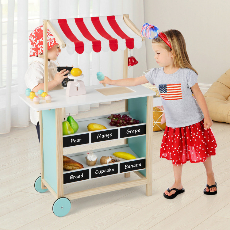 Kids Wooden Ice Cream Cart with Chalkboard and StorageCostway Gallery View 6 of 11