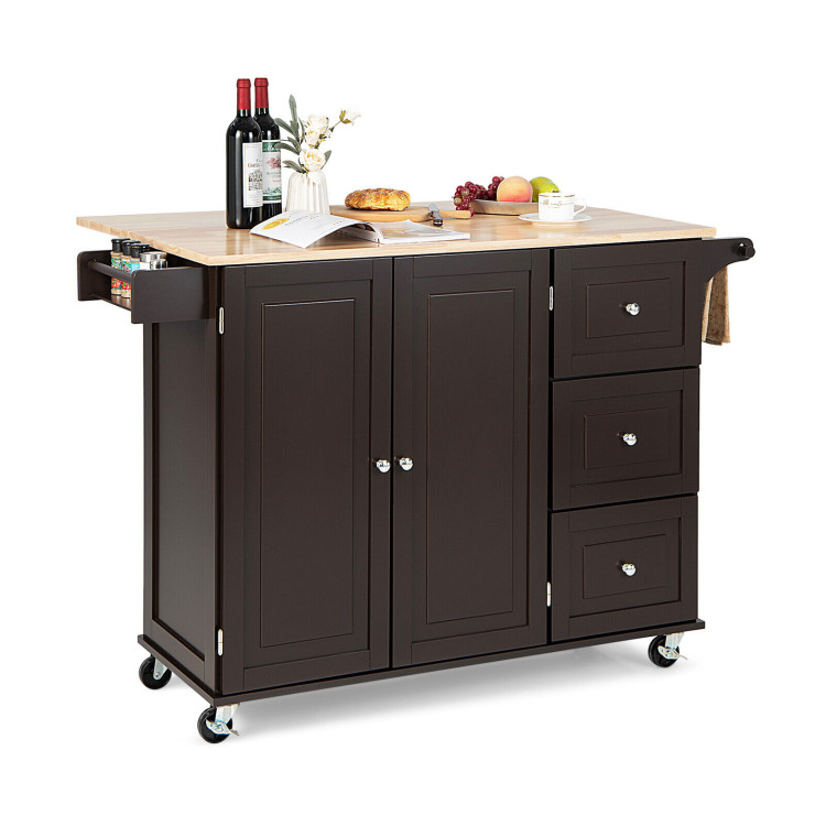 Kitchen Island Trolley Cart Wood with Drop-Leaf Tabletop and Storage Cabinet-BrownCostway Gallery View 3 of 10