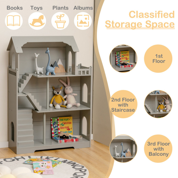 Kids Wooden Dollhouse Bookshelf with Anti-Tip Design and Storage Space-GrayCostway Gallery View 9 of 9