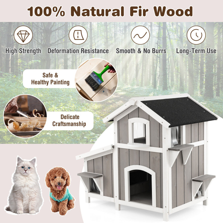 Outdoor 2-Story Wooden Feral Cat House with Escape Door-GrayCostway Gallery View 9 of 10