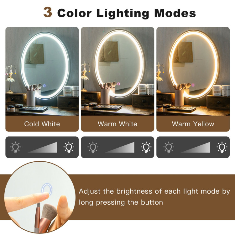 Vanity Table Set with 3-Color Lighted Dimmable Mirror-BrownCostway Gallery View 8 of 10