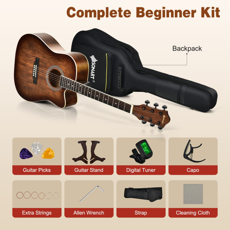 41 Inch Full Size Cutaway Acoustic Guitar Set for Beginner-CoffeeCostway Gallery View 9 of 10