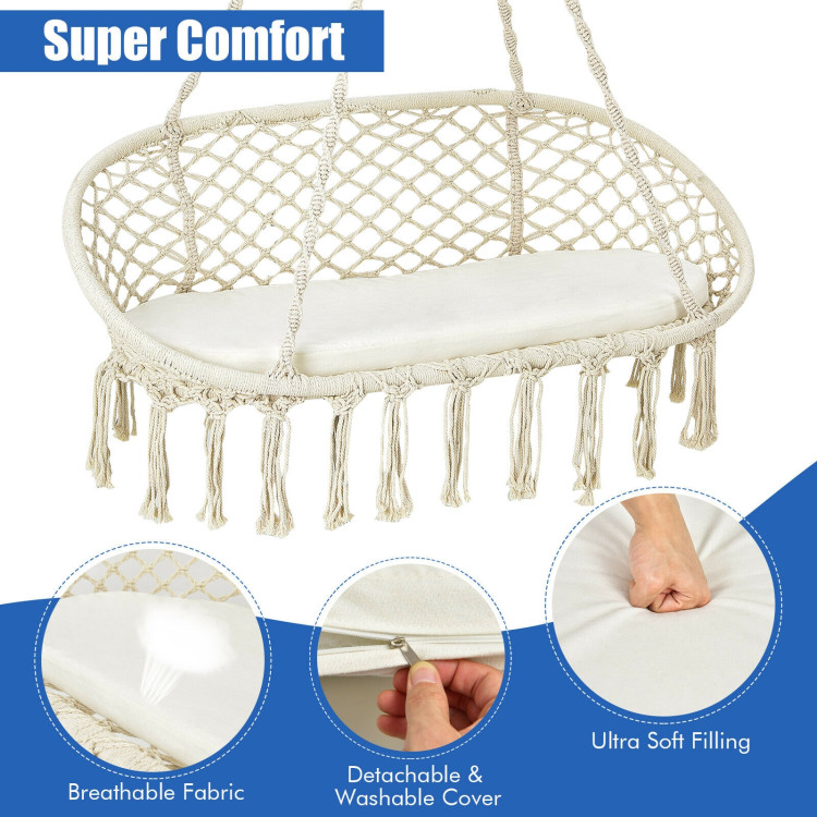 2 Person Hanging Hammock Chair with Cushion Macrame Swing-BeigeCostway Gallery View 9 of 11