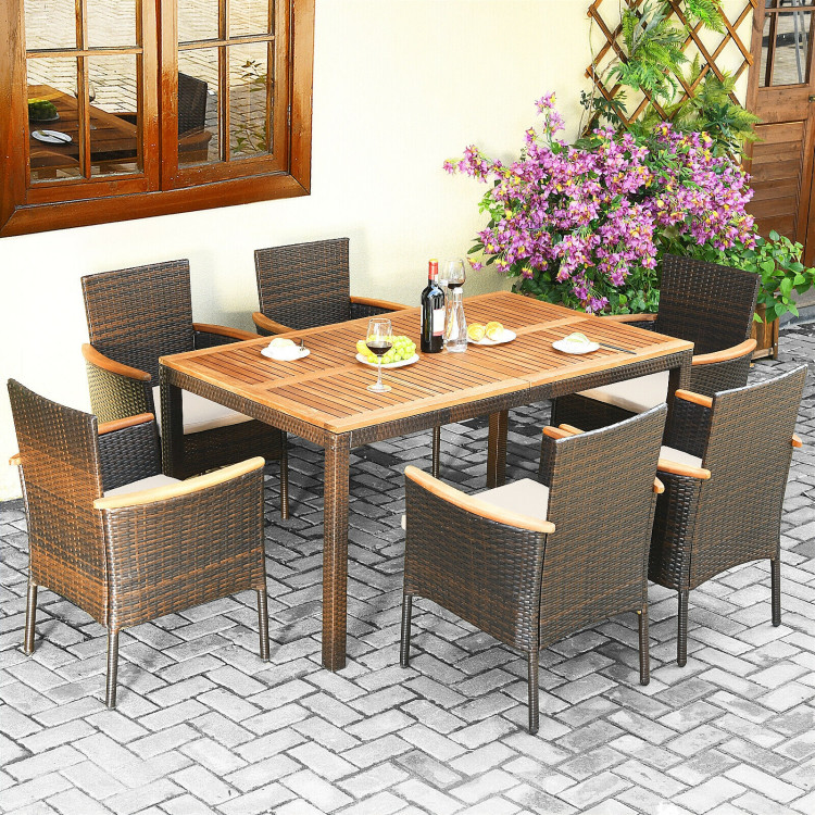 7 Pieces Patio Rattan Dining Set with Armrest Cushioned Chair and Wooden TabletopCostway Gallery View 8 of 12